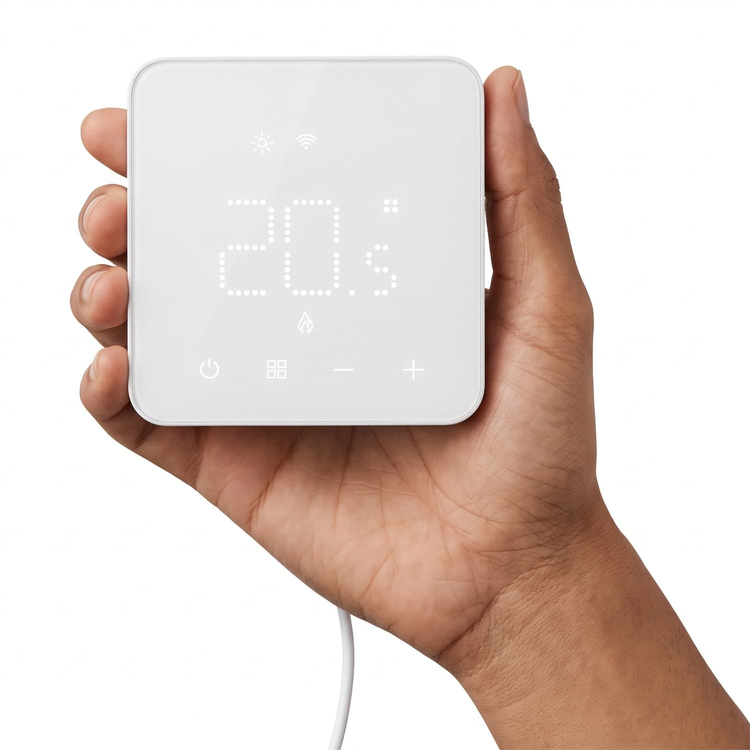 A hand holding Alfred, a white square thermostat showing 20.5 degrees